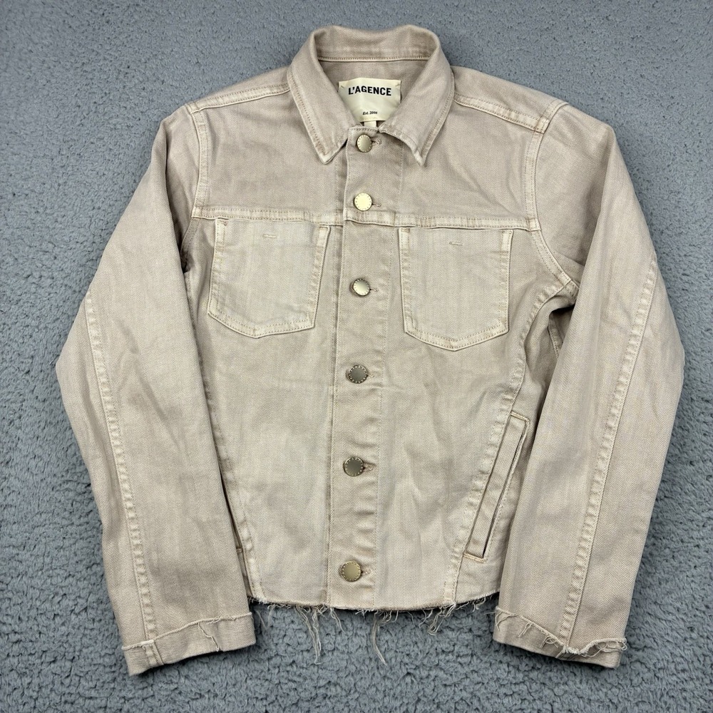 L'Agence Janelle Denim Jacket Women's Small Beige Raw Edge Stretch Designer